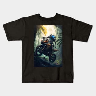 Alien riding a dirt bike in the jungle Kids T-Shirt